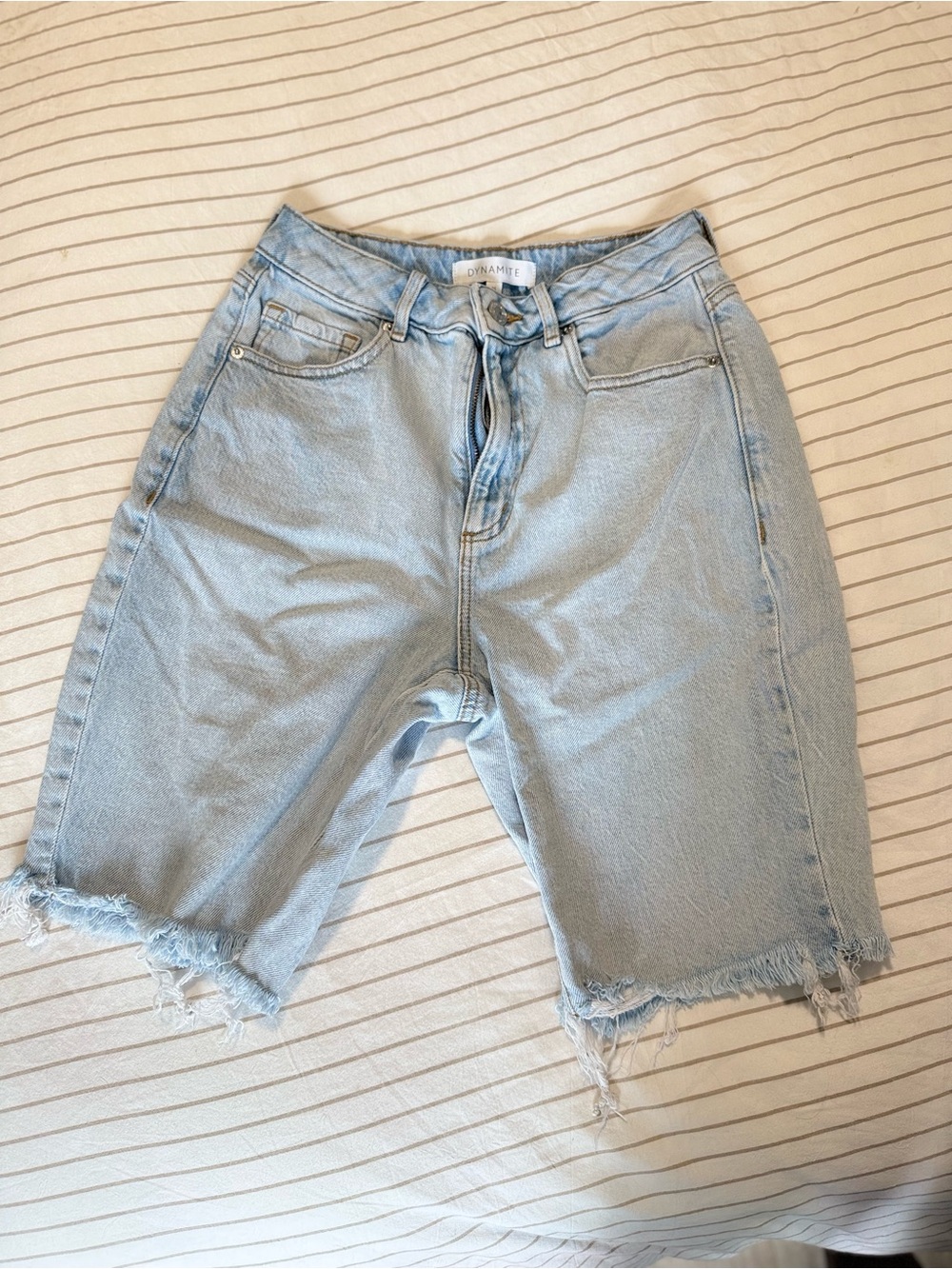 Dynamite Light Blue Frayed Hem Denim Bermuda Shorts